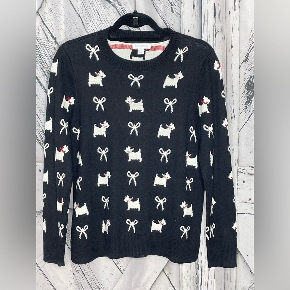 Charter Club Crewneck Sweater Scottie Dogs Black PL